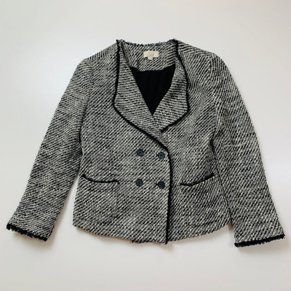 Ann Taylor LOFT Jacket BlazerTweed Black White Fringe Double Breast Knit Cardiga
